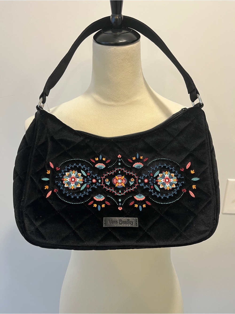 Black Quilted Velvet Shoulder Bag with Floral Embroidery